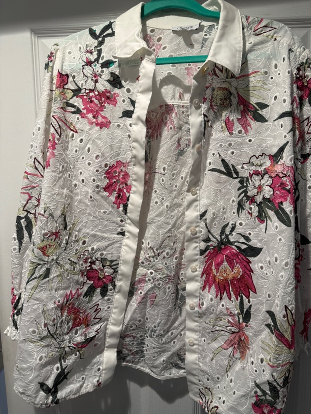 Chico's White Eyelet Button-Down Shirt with Pink Floral Print